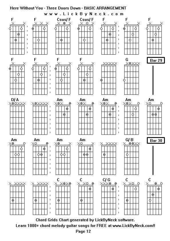 Chord Grids Chart of chord melody fingerstyle guitar song-Here Without You - Three Doors Down - BASIC ARRANGEMENT,generated by LickByNeck software.